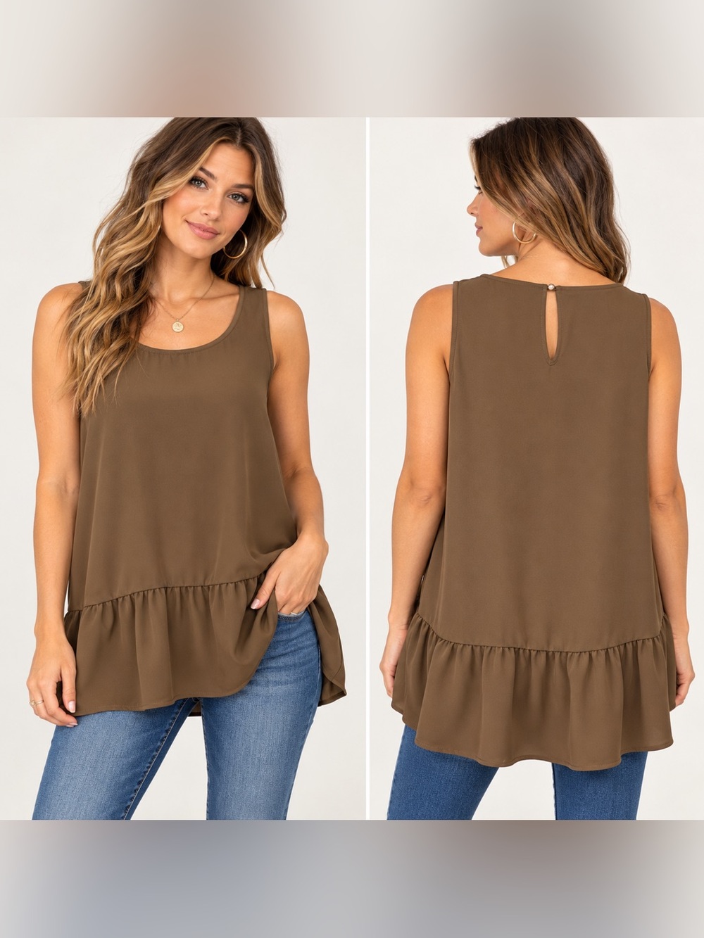ZENANA Brown Sleeveless Ruffle Hem Tunic Top M | Boho Casual